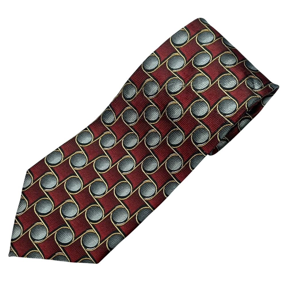 JZ RICHARDS Maroon Red/Gray ART DECO PRINT Extra Long SILK Men's NECK TIE